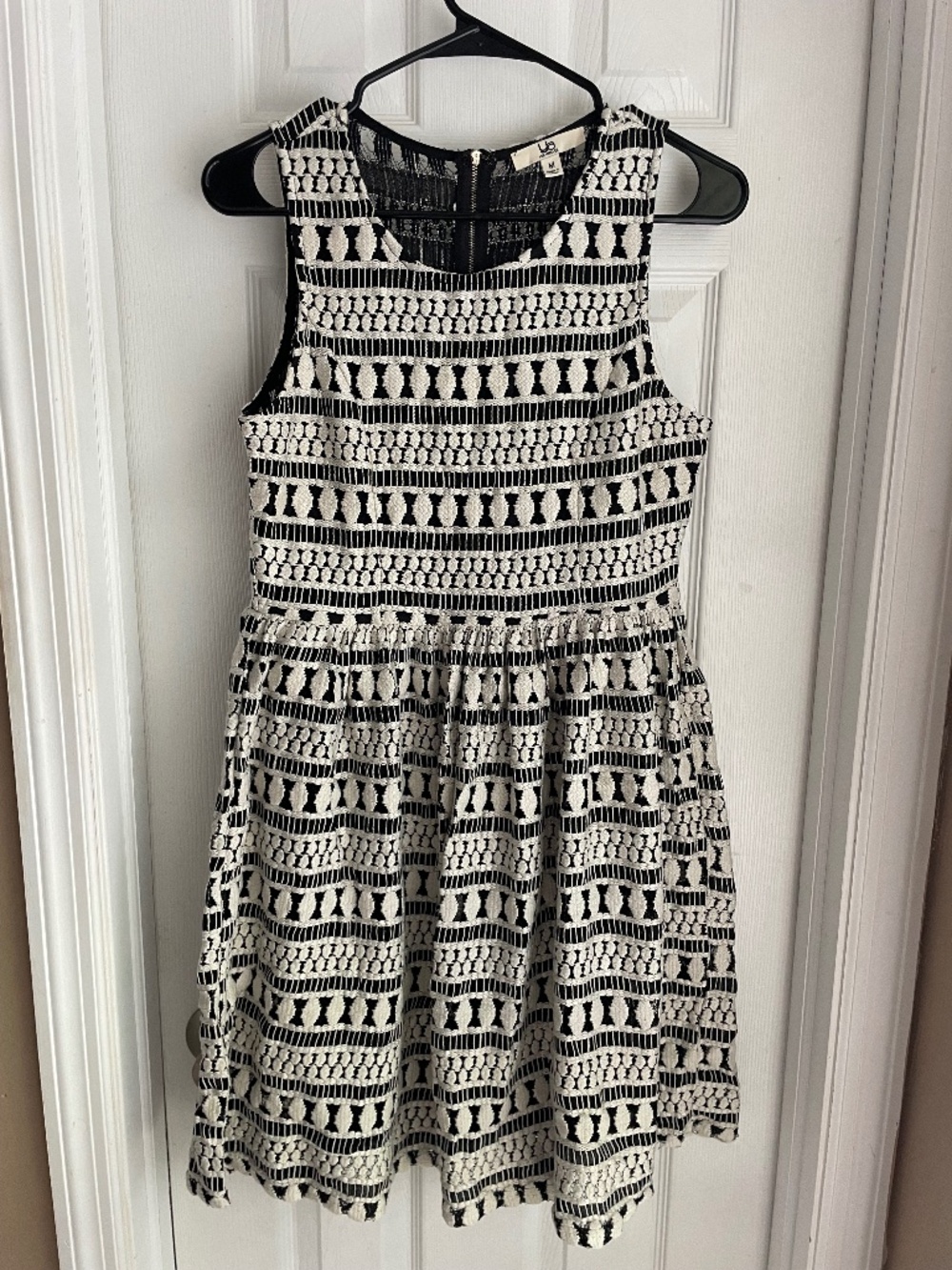 YA Los Angeles Black & White Crochet Geometric Fit and Flare Mini Dress - Medium